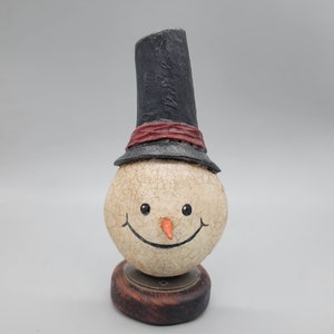 Wood Carving - Wooden Snowman Carving with Red Hat Band Christmas Tree Ornament - Hand Carved and Painted - Christmas - Joinershandcrafted