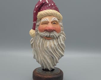 Wood Carving - Wooden Santa Carving with Red Hat Christmas Tree Ornament - Hand Carved and Painted - Christmas - Joinershandcrafted