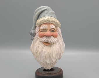 Wood Carving - Wooden Santa Carving with Light Blue Hat Christmas Tree Ornament - Hand Carved and Painted - Christmas - Joinershandcrafted