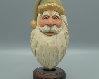 Wood Carving - Wooden Santa Carving with Green Hat Christmas Tree Ornament - Hand Carved and Painted - Christmas - Joinershandcrafted