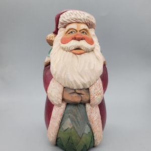 Wood Carving - Large Wooden Santa Carving in Red and Off White Robe Hand Carved and Painted - Christmas Decor - By Joinershandcrafted