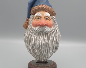 Wood Carving - Wooden Santa Carving with Blue Hat Christmas Tree Ornament - Hand Carved and Painted - Christmas - Joinershandcrafted