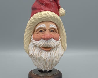 Wood Carving - Wooden Santa Carving with Red Hat Christmas Tree Ornament - Hand Carved and Painted - Christmas - Joinershandcrafted