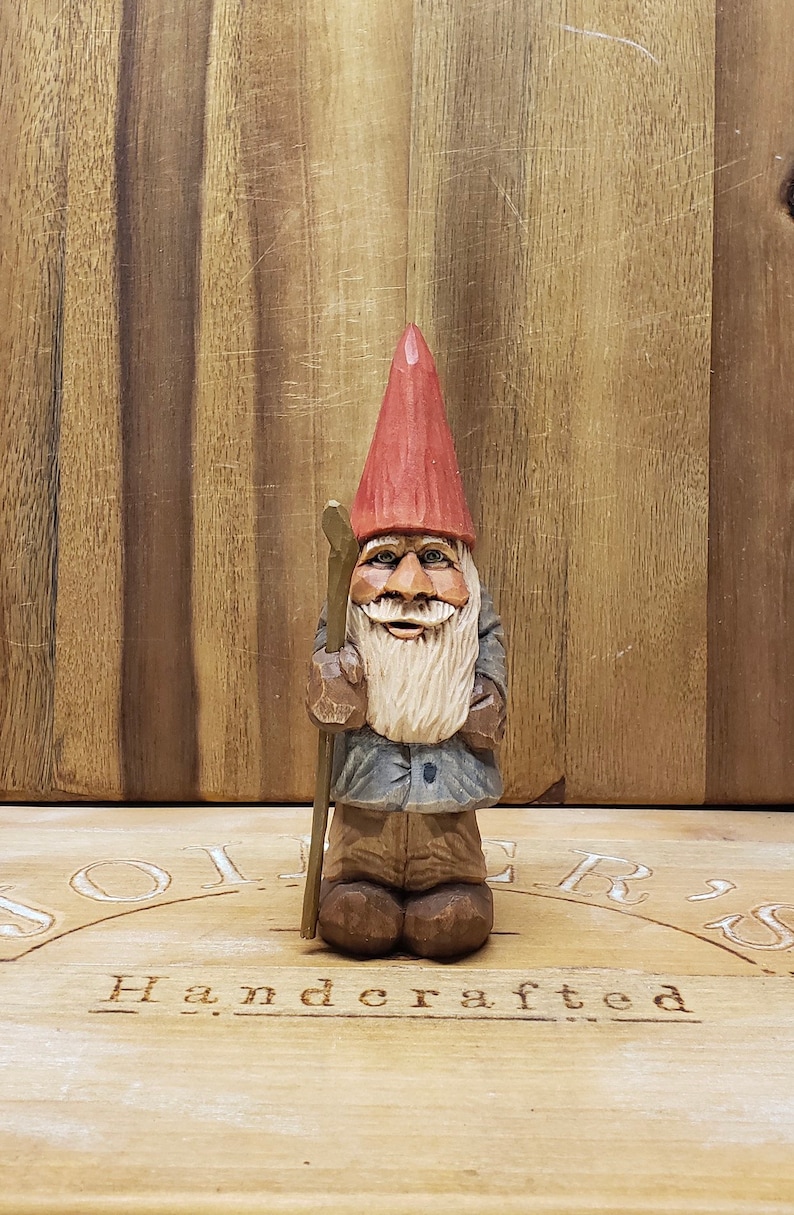Wood Carving Antiqued Wooden Gnome Carving with Walking Etsy