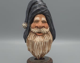 Wood Carving - Wooden Santa Carving with Blue Hat Christmas Tree Ornament - Hand Carved and Painted - Christmas - Joinershandcrafted