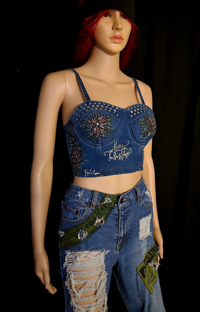 Croptop.bustier.bralette.corset.denim.jean.handpainted.brighst - Etsy