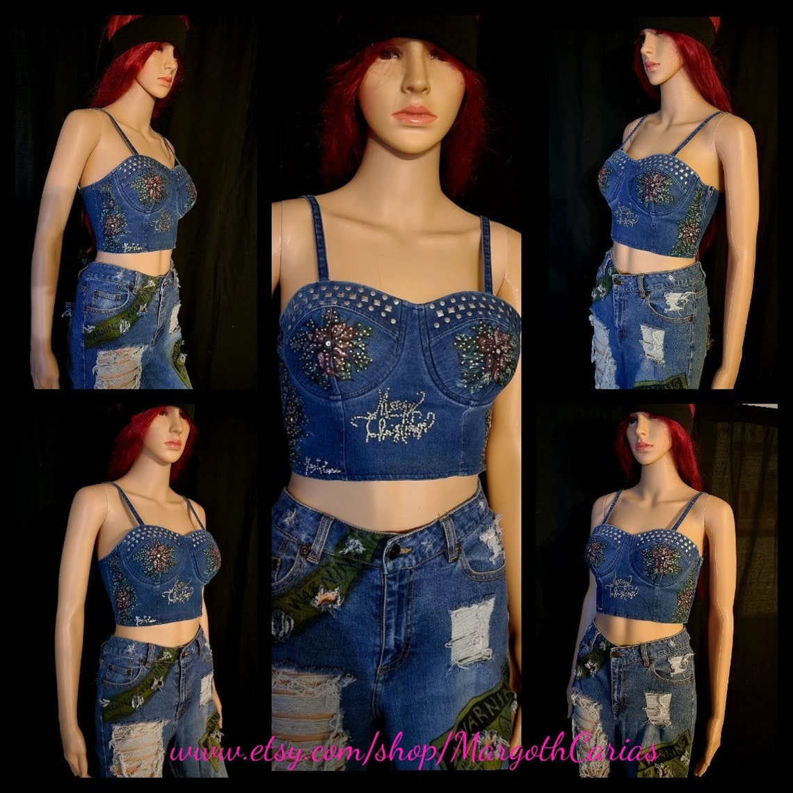 Croptop.bustier.bralette.corset.denim.jean.handpainted.brighst - Etsy