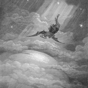 Könnte beinhalten: Eine Schwarzweißillustration einer geflügelten Figur, die vom Himmel fällt. Die Figur ist von Wolken und Sternen umgeben. Die Figur fällt auf ein großes, rundes Objekt zu, das wie ein Planet aussieht.