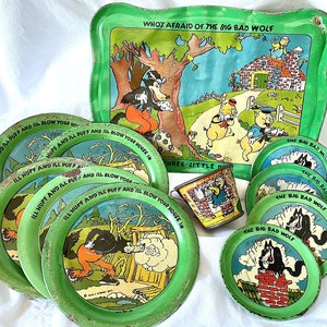 Juego de té en hojalata litografía de "Los tres cerditos" de Disney de The Ohio Art Company
