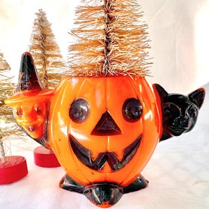 Cute Hard Plastic Jack-o-Lantern With Witch & Cat Treat Holder From Rosbro