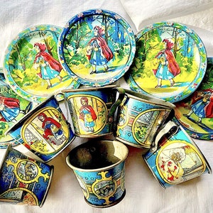 Eleven Antique Tin Litho Pieces With Little Red Riding Hood From The Ohio Art Company