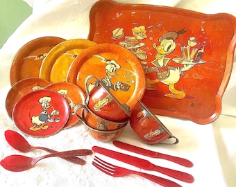 Tin Litho Tea Set Pieces Featuring Donald Duck From Walt Disney Productions & The Ohio Art Company