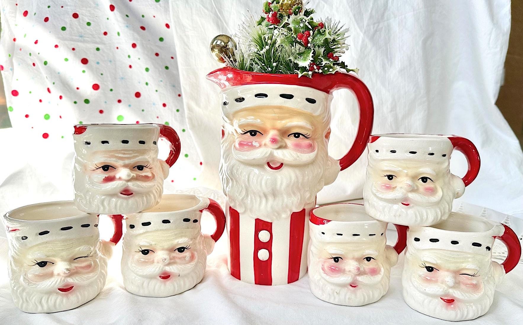 Fun & Hard-to-find Striped Santa Pitcher With Six Matching