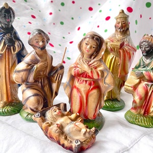 Six-Piece Hand Painted Chalkware Nativity Made In Italy