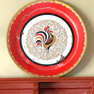 Large Shabby-Chic Metal Rooster Tray