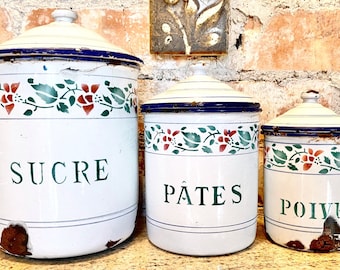 Shabby Antique Enamelware Canisters From The Factory Of Japy Frères