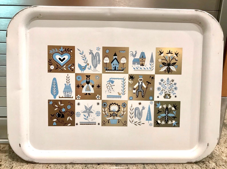 Decorative Mid Century Metal Tray With Folk Art Graphics