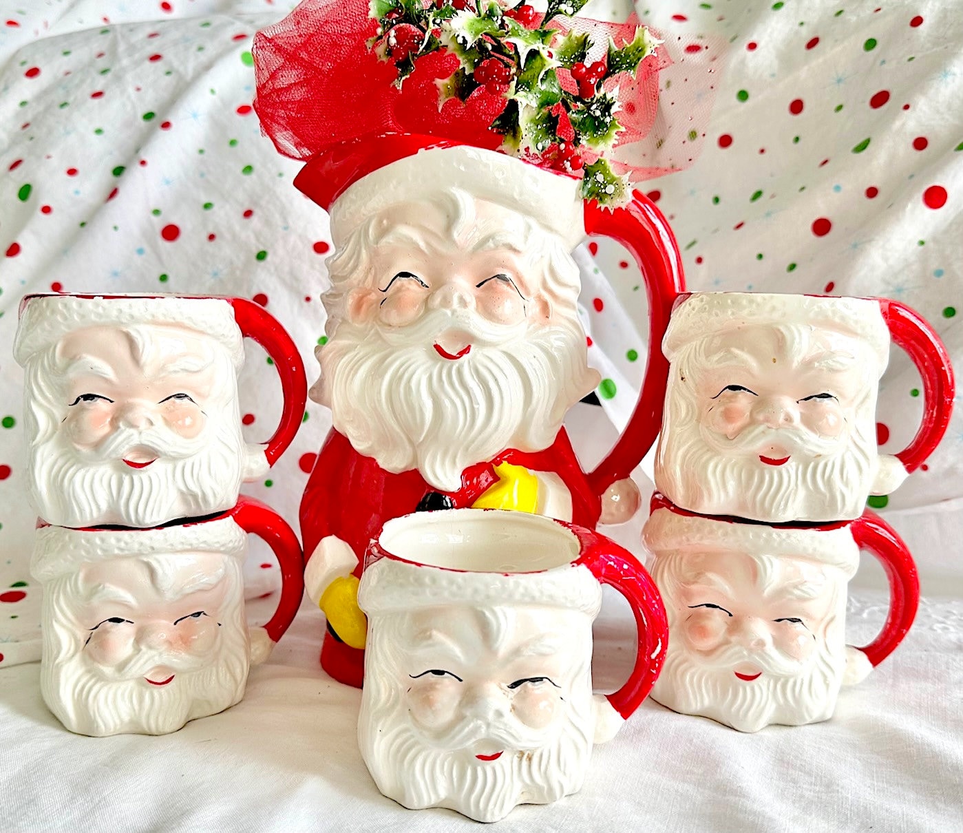 Cheery Hand-painted Santa Pitcher & Five Matching Mugs From Wales