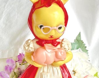 1950s Rosbro Yellow Easter Bunny on Wheels Hard Plastic 6.5” Pull