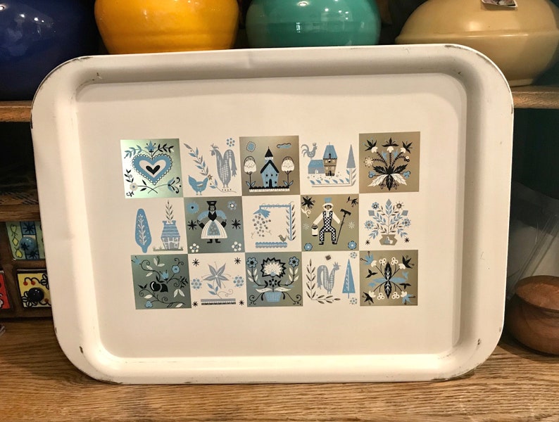 Decorative Mid Century Metal Tray With Folk Art Graphics