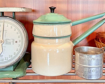 Cream Color Enamelware Double Boiler With Green Lid