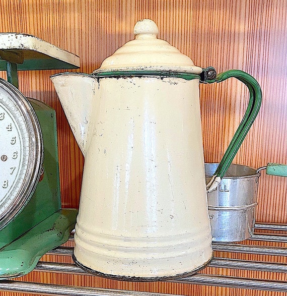 Vintage Cream & Green Enamel Ware Coffee Pot 