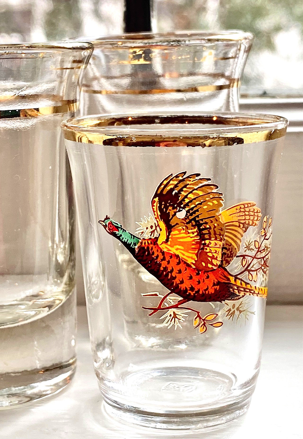 Vintage Glass Martini Cocktail Pitcher With Pheasants And Gold Trim WITH  Stirrer