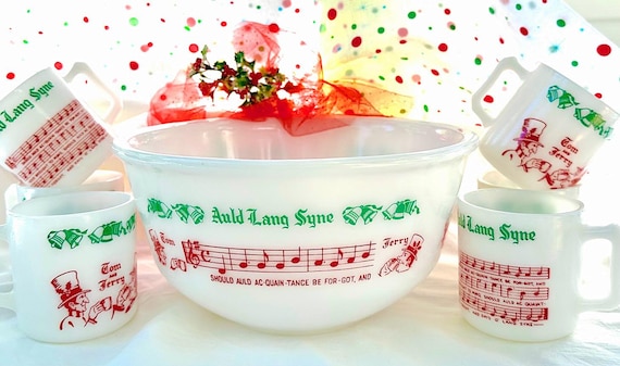 Tom and Jerry Auld Lang Syne Egg Nog Bowl & Six Matching Mugs From