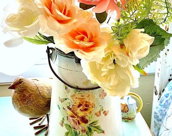 Shabby French Enamelware Milk Pail From The Factory Of Japy Frères