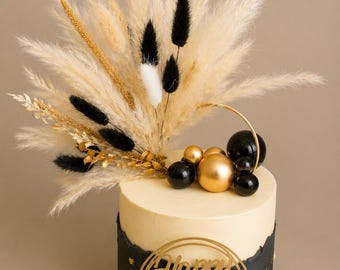 Gold Hoop Pampas Grass Cake Topper | Black Accents