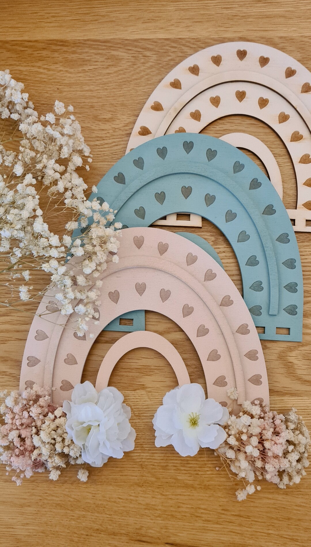 Wooden Rainbow With Dried Flowers, Nursery Wall Hanging UK Boho Nursery