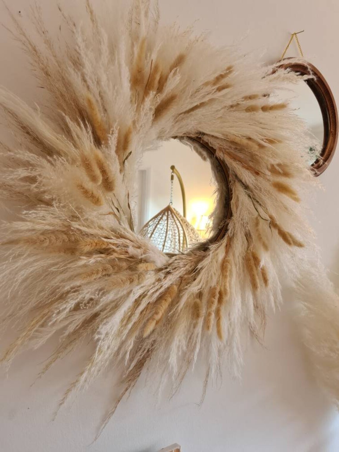 Cream & White Pampas Grass wreath mirror with Natural Bunny Etsy