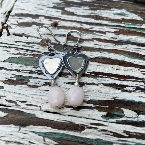 Sterling Silver Hearts and Pink Peruvian Opal Earrings / Handmade - Free U.S. Shipping