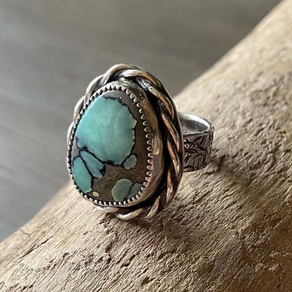 Natural Desert Bloom Variscite and Oxidized Fine/Sterling Silver Ring (size 7) / Handmade - Free U.S. Shipping