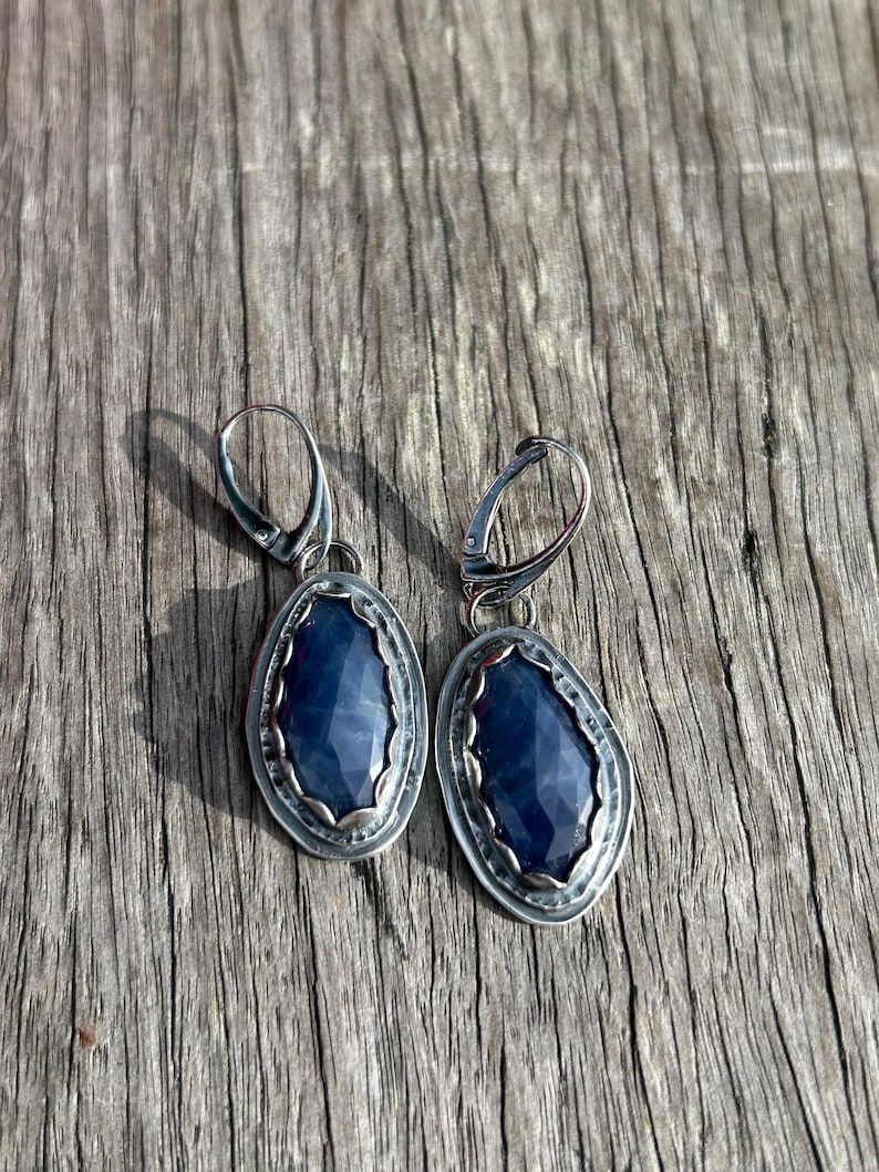 May include: A pair of silver earrings with blue gemstone accents. The earrings have a simple, elegant design and are perfect for everyday wear.