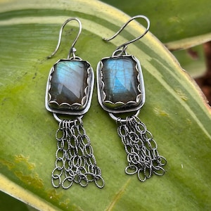Labradorite and Oxidized Fine/Sterling Silver Earrings / Chakra Jewelry