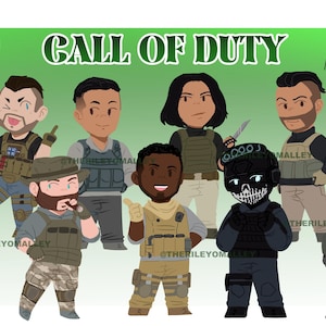 May include: A collection of cartoon-style character illustrations from "Call of Duty." The image features various characters in military-style attire, with the game's title prominently displayed. The characters are 3" acrylic charms with star clips.