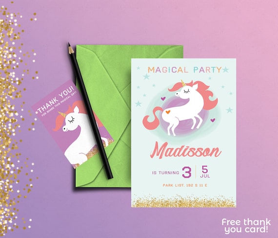 Green Unicorn Party Thank You Cards