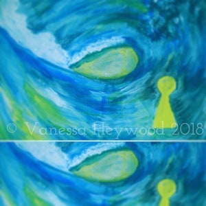 Könnte beinhalten: Abstrakte Malerei mit einem wirbelnden blauen und grünen Muster. Eine leuchtend gelbe Schlüssellochform befindet sich in der Mitte des Bildes. Der Text "Vanessa Heywood 2018" befindet sich am unteren Rand des Bildes.