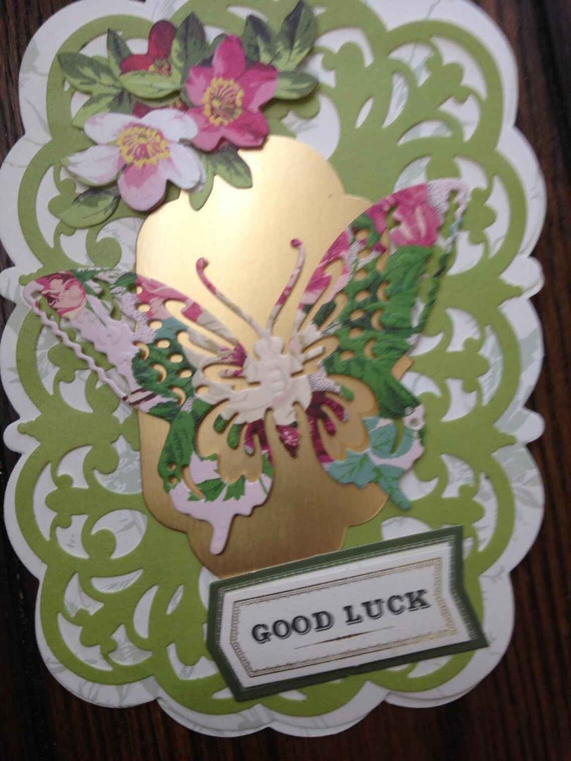 Good Luck Butterfly Easel Card Green Laced Background Large Etsy