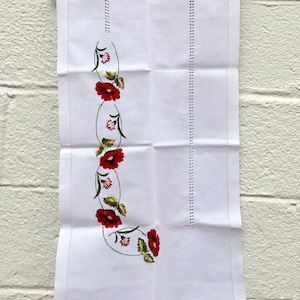 White Linen Table Runner with Red Poppy Embroidered Design from Armenia