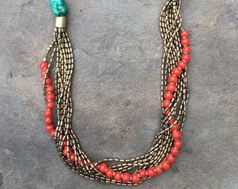 Brass, Coral and Agate Beaded Necklace from India