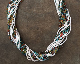 Twenty Strand Necklace with White and Multi-colored Beads from Ethiopia