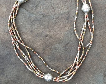 Silver and Copper Multi-strand Beaded Necklace with Silver Accent Beads from Ethiopia
