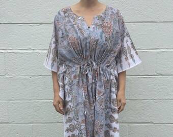 Hand-block Printed Floral Patterned Cotton Caftan from India
