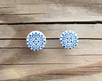 Blue and White Ceramic Stud Earrings from Thailand