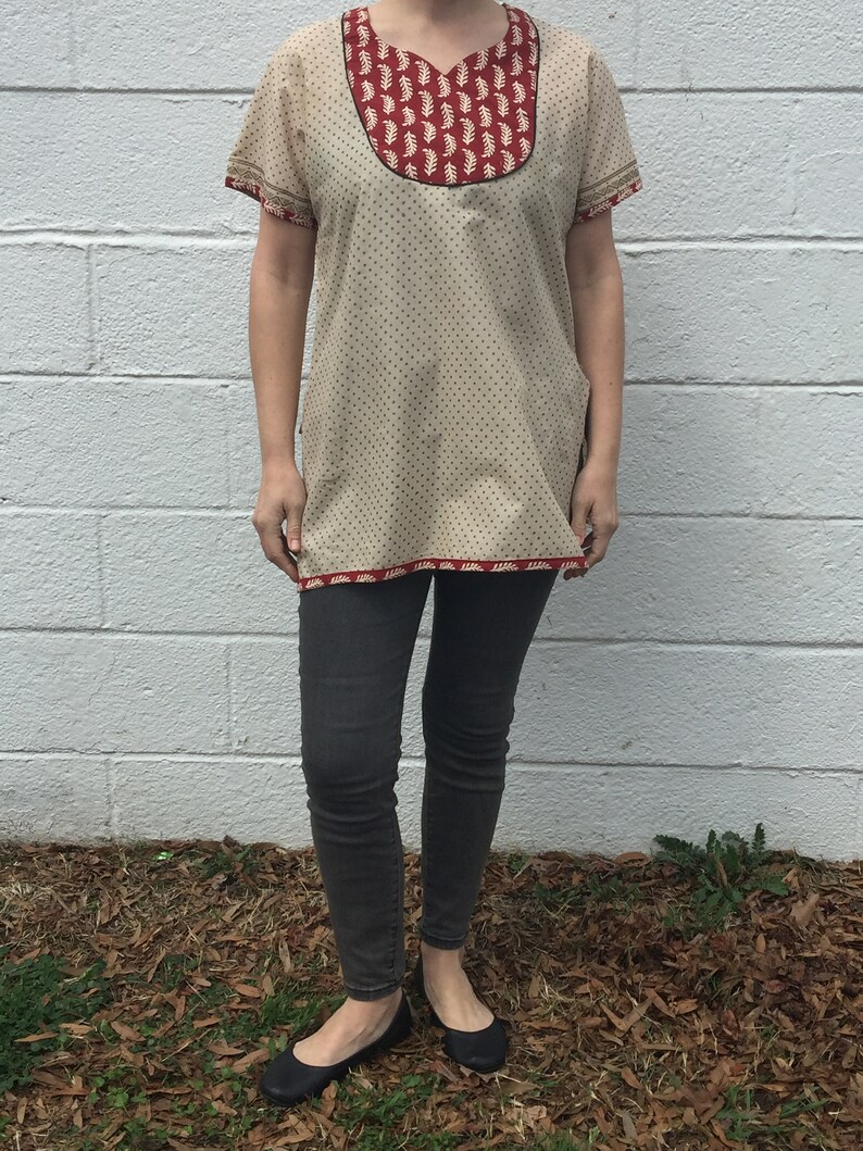 Hand-block Printed Leaf and Polka Dot Print Tunic from India