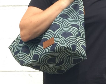 Blue Ikat Printed Cloth and Leather Purse from Thailand