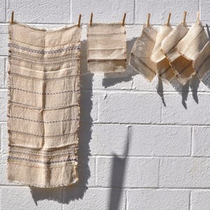 Cream Handwoven Table Runner and Napkins with Blue and Brown Striped Design from Armenia