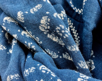 Hand-block Printed Indigo and White Circle Patterned Scarf or Sarang from Thailand